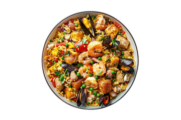Spanish paella with saffron-infused rice, mixed seafood (shrimp, mussels, clams), chicken, chorizo, and vegetables.