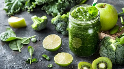 Green juice or smoothie with ingredients. Blended Spinach, Kale, kiwi, green Granny Smith apple, lime, broccoli. Healthy vegetarian diet. - obrazy, fototapety, plakaty