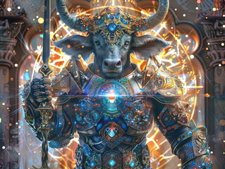 Medieval knight in armor. Portrait of gigantic cute Taurus deity warrior in a shining armor holding the pitcher. There is a geometric cosmic mandala zodiac style made of lights in the background