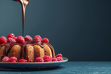 Chocolate bundt cake with melted chocolate pouring from top and fresh raspberries on a blue...