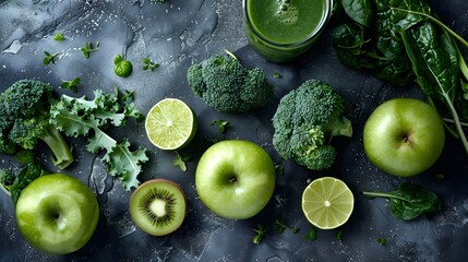 Green juice or smoothie with ingredients. Blended Spinach, Kale, kiwi, green Granny Smith apple, lime, broccoli. Healthy vegetarian diet. - Powered by Adobe