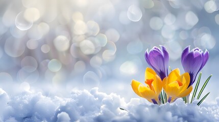 Obraz na płótnie Canvas Crocus Yellow Purple spring flower growth in the snow with copy space for text. 