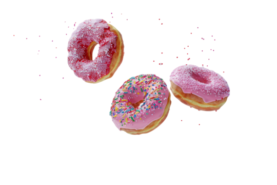 donuts floating in the air, emphasizing their colorful glazes and sprinkles.