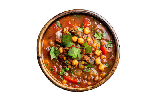 Moroccan harira soup with tomatoes, lentils, chickpeas, onions, and spices in a flavorful broth, traditionally served during Ramadan.