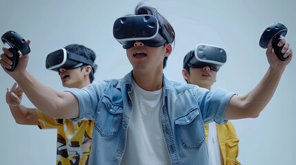 a pure white scene, three Asian men wearing casual clothes are back-to-back, wearing virtual reality devices on their heads and holding virtual reality devices in their hands, experiencing virtual rea