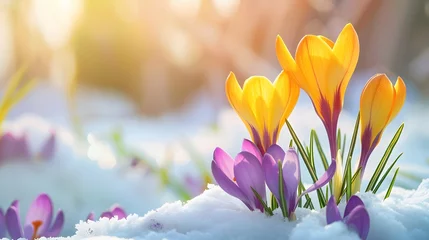 Wandcirkels aluminium Crocus Yellow Purple spring flower growth in the snow with copy space for text.  © Ziyan