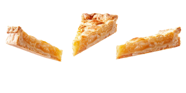 slices of pie hovering in mid-air, highlighting the textures and flavors.