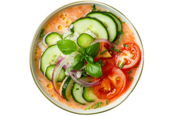 top view of Spanish gazpacho, a chilled tomato-based soup with cucumbers, bell peppers, onions, garlic, and olive oil.