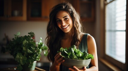 A young woman in the kitchen holds a cup of juicy green salad or greens in her hands. Healthy food, diet, salad preparation or smoothies.
