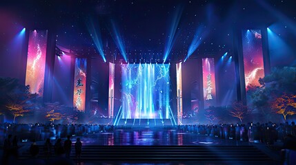 Night-time lighting is colorful, wordless outdoor event stage design stage, with many people watching the stage and going wild, side angle view, good detailed 3d artwork - obrazy, fototapety, plakaty