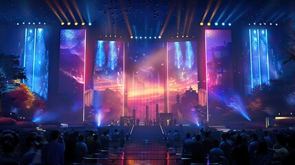 Night-time lighting is colorful, wordless outdoor event stage design stage, with many people watching the stage and going wild, side angle view, good detailed 3d artwork - obrazy, fototapety, plakaty