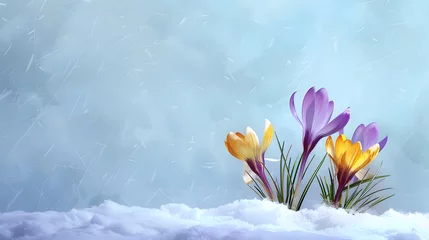 Fotobehang Crocus Yellow Purple spring flower growth in the snow with copy space for text.  © Ziyan