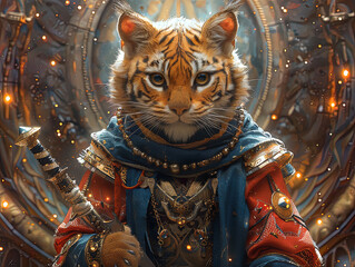 Medieval knight in armor. Portrait of gigantic cute tiger deity warrior in a shining armor holding the pitcher. There is a geometric cosmic mandala zodiac style made of lights in the background