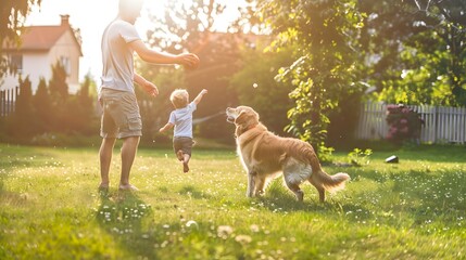 Handsome Father and Son Play Catch With Loyal Family Friend Golden Retriever Dog. Family Spending Time Together Training Dog. Sunny Day Idyllic Suburban Home Backyard.  - obrazy, fototapety, plakaty