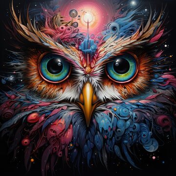 Colorful painting of an owl holding a lantern in the background