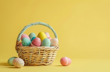 an easter basket filled with colorful eggs on a yellow background