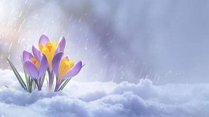  Crocus Yellow Purple spring flower growth in the snow with copy space for text.  © Ziyan