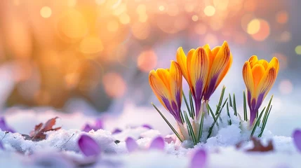 Foto op Canvas Crocus Yellow Purple spring flower growth in the snow with copy space for text.  © Ziyan