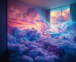  A bed in the soft vanila dream clouds. A good dream concept. - obrazy, fototapety, plakaty