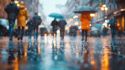 Lots of people walking around the city. Blurred image, wide panoramic view of the road with people on a rainy day.
 - Powered by Adobe