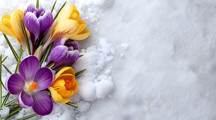 Crocus Yellow Purple spring flower growth in the snow with copy space for text. 