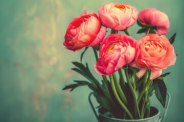 Bright coral pink ranunculus in a pot against vintage background. Copy space.