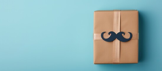 A cardboard box adorned with a paper mustache is the central focus of this top-view image. The box is set against a blue background, suggesting it is a Fathers Day gift or concept. - Powered by Adobe