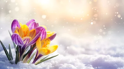 Raamstickers Crocus Yellow Purple spring flower growth in the snow with copy space for text.  © Ziyan