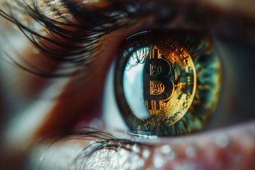 Extreme closeup of Bitcoin symbol reflection one the eye