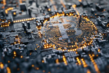 Bitcoin symbol, detail shot, macro, extreme closeup
