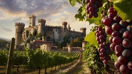 Zelfklevend Fotobehang Medieval Castle Overlooking Vineyards with Ripe Grape Bunches. The medieval castle overlooking the vineyards exudes a sense of grandeur and history. © Ziyan