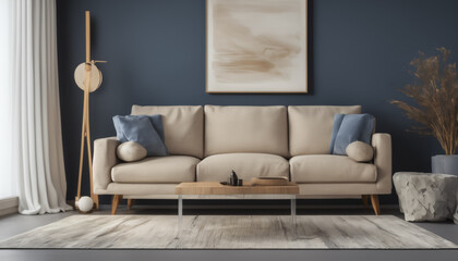 Modern Living Room with Navy Blue Wall and Beige Sofa