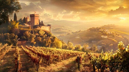 Medieval Castle Overlooking Vineyards with Ripe Grape Bunches. The medieval castle overlooking the...