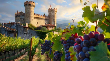 Kussenhoes Medieval Castle Overlooking Vineyards with Ripe Grape Bunches. The medieval castle overlooking the vineyards exudes a sense of grandeur and history. © Ziyan