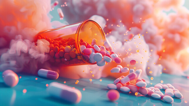 Meticulously rendered pills spilling out of a pill bottle onto a dreamy, abstract background