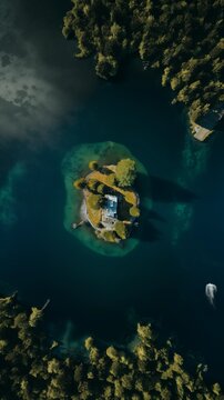 A small house on an island in the sea. Landscape from a bird's eye view. High resolution