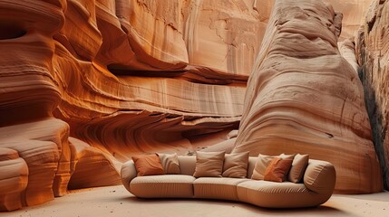 A sofa made of rock located in the desert, in the style of layered veneer panels, organic stonework, light orange, wallpaper, flowing lines, immersive, photo, cinematic texture. The composition and to - obrazy, fototapety, plakaty