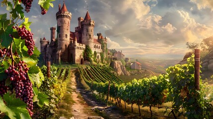 Medieval Castle Overlooking Vineyards with Ripe Grape Bunches. The medieval castle overlooking the vineyards exudes a sense of grandeur and history. - obrazy, fototapety, plakaty