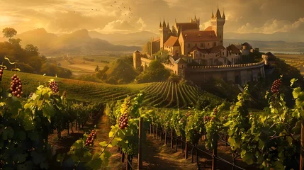 Poster Medieval Castle Overlooking Vineyards with Ripe Grape Bunches. The medieval castle overlooking the vineyards exudes a sense of grandeur and history. © Ziyan