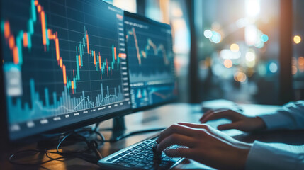 Technical chart Stock Exchange Traders and Investors Using Sophisticated Computer Software to Monitor, Research and Predict Live Market Financial Data Behavior on Computers 