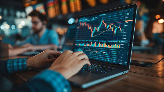 Technical chart Stock Exchange Traders and Investors Using Sophisticated Computer Software to Monitor, Research and Predict Live Market Financial Data Behavior on Computers 