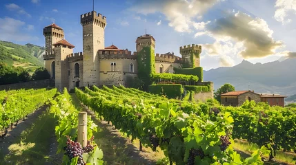 Meubelstickers Medieval Castle Overlooking Vineyards with Ripe Grape Bunches. The medieval castle overlooking the vineyards exudes a sense of grandeur and history. © Ziyan
