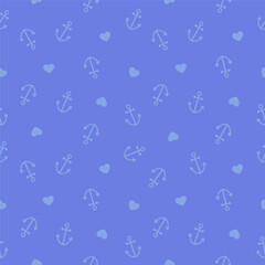 Blue seamless pattern with anchors and hearts