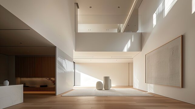 an empty room with a white wall and sculpture, in the style of meticulous lines, subtle lighting, contemporary tapestries, mori kei, design by architects, dark amber and white, linear and airy