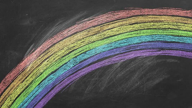 A rainbow drawn in chalk on a blackboard. Animated illustration.