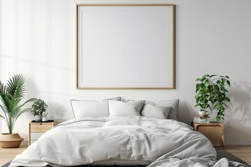 Fototapeta na wymiar A minimalist bedroom with a blank wall frame mockup above the bed