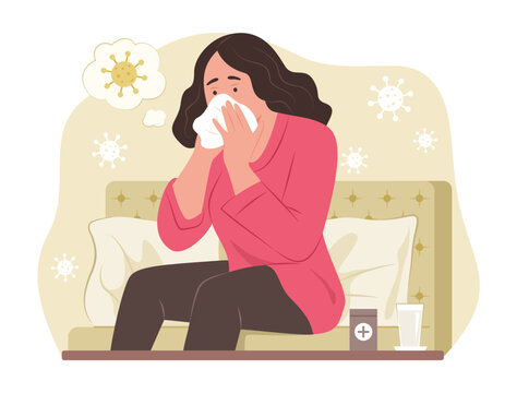 sick woman blowing nose, pink shirt, bed clip art preview