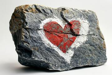 Hand painted red and white heart on stone. Isolated white background. Generative AI image.