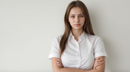 Fototapeta premium A confident woman in a white shirt standing gracefully with arms crossed 