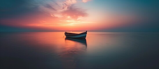 A boat calmly positioned atop a vast body of water, under the beautiful sunset sky. The serene scene showcases the boat as the main subject against the expansive seascape backdrop.